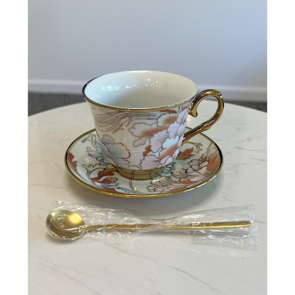 The Unbranded Brand Other - Gold Rim Peony Floral Teacup Saucer Spoon Set Fine Porcelain Cottagecore Party